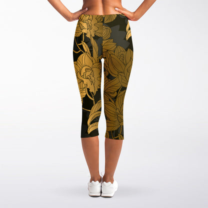 Golden Orchid Pattern Print Women's Capri Leggings