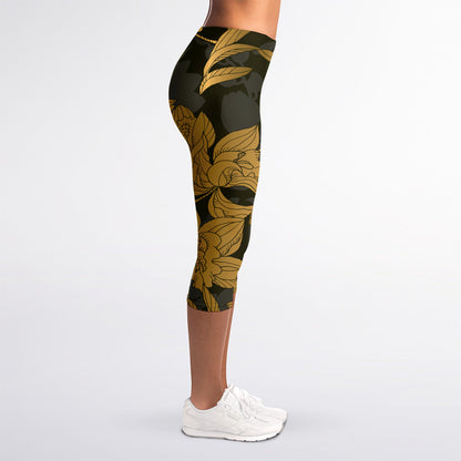 Golden Orchid Pattern Print Women's Capri Leggings