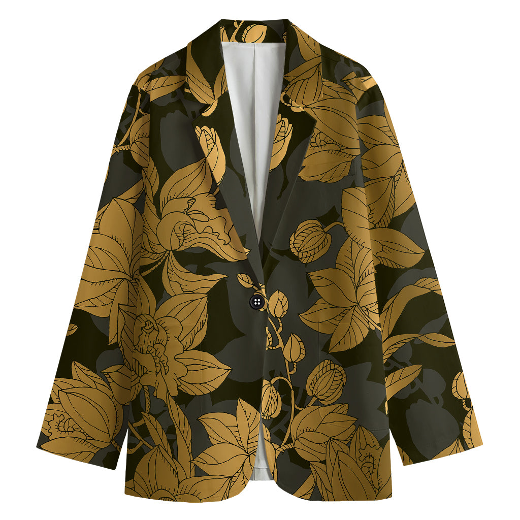 Golden Orchid Pattern Print Women's Cotton Blazer