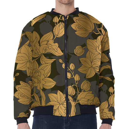 Golden Orchid Pattern Print Zip Sleeve Bomber Jacket