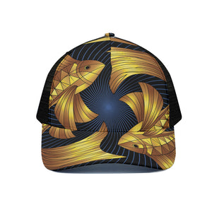 Golden Pisces Zodiac Sign Print Black Mesh Trucker Cap