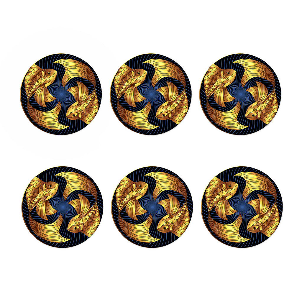 Golden Pisces Zodiac Sign Print Coaster Set