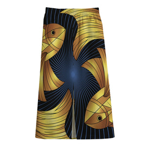 Golden Pisces Zodiac Sign Print Cotton Front Slit Maxi Skirt