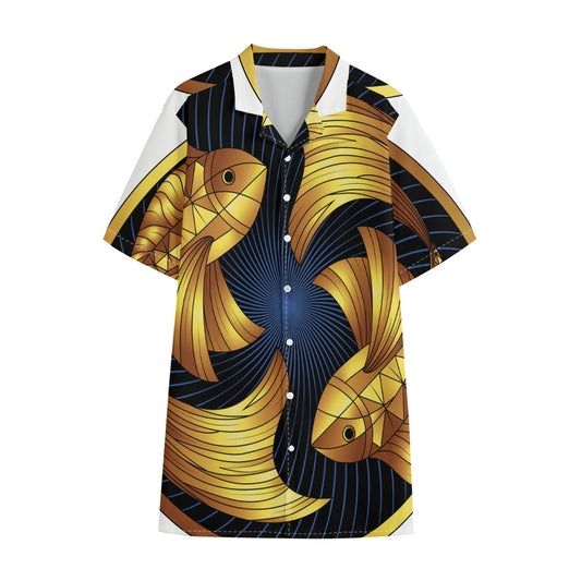 Golden Pisces Zodiac Sign Print Cotton Hawaiian Shirt