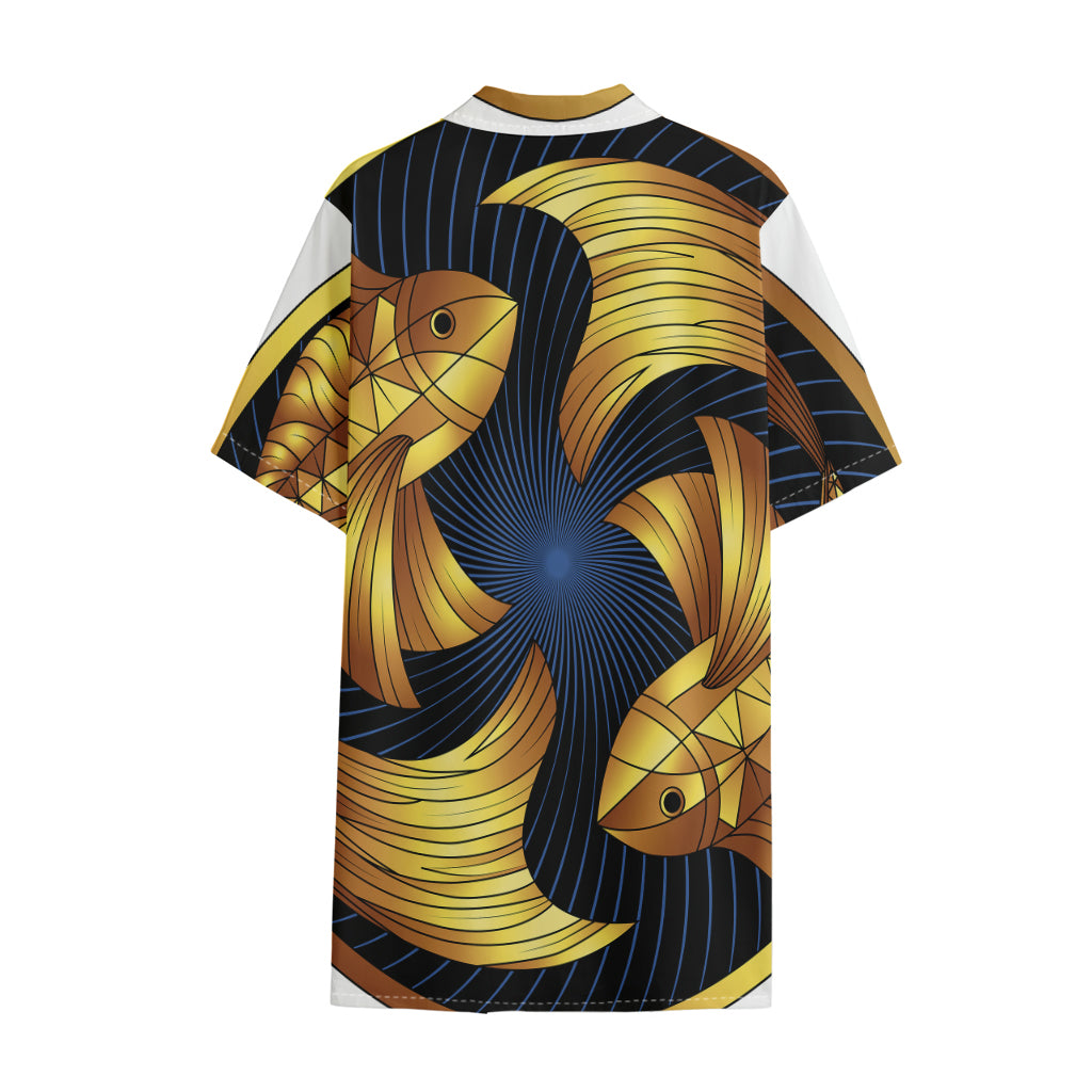 Golden Pisces Zodiac Sign Print Cotton Hawaiian Shirt