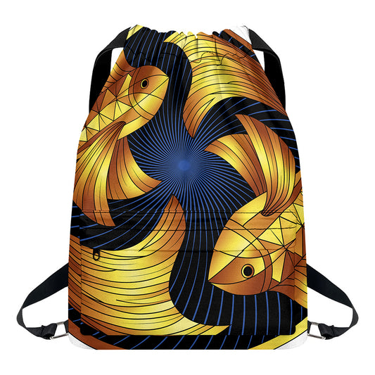 Golden Pisces Zodiac Sign Print Drawstring Backpack