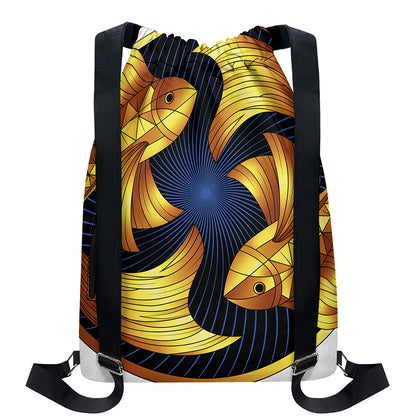 Golden Pisces Zodiac Sign Print Drawstring Backpack