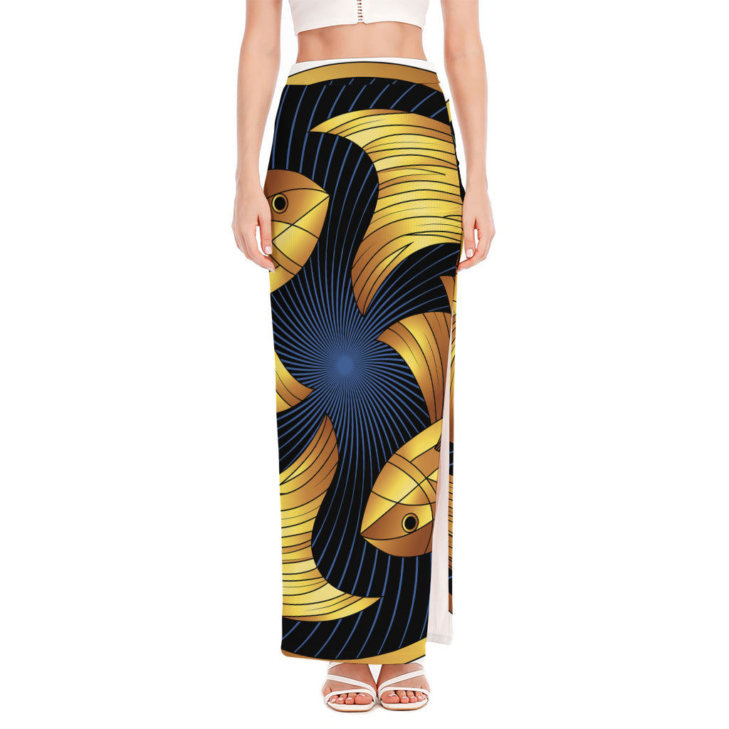Golden Pisces Zodiac Sign Print High Slit Maxi Skirt