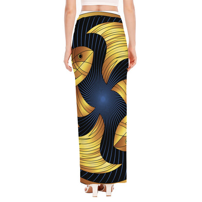 Golden Pisces Zodiac Sign Print High Slit Maxi Skirt