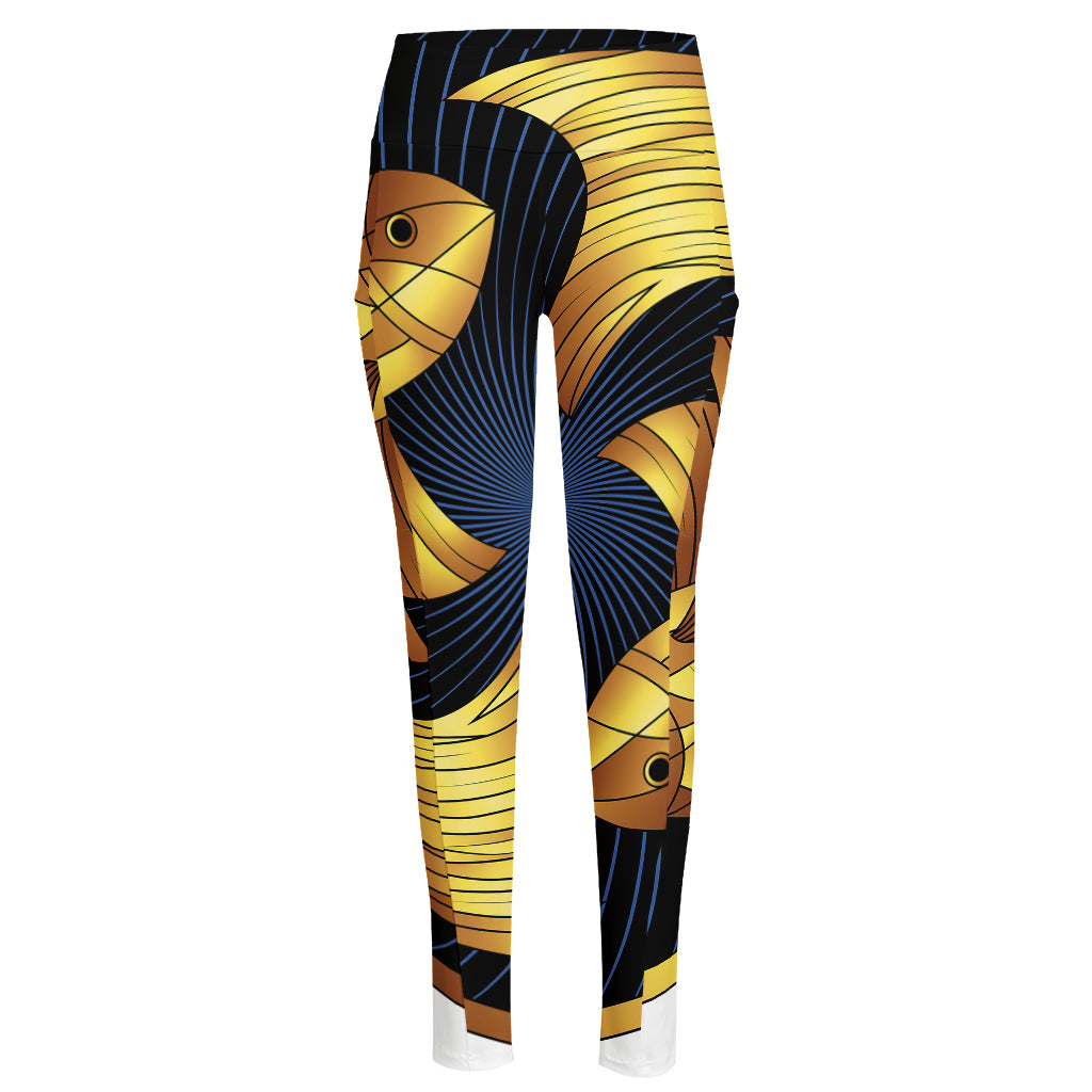 Golden Pisces Zodiac Sign Print High-Waisted Pocket Leggings