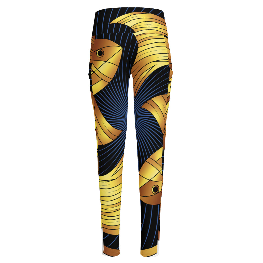 Golden Pisces Zodiac Sign Print High-Waisted Pocket Leggings