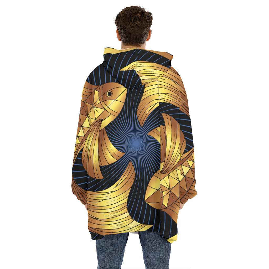 Golden Pisces Zodiac Sign Print Hoodie Blanket