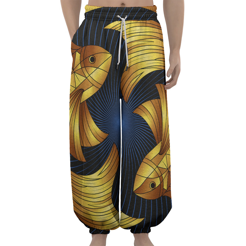 Golden Pisces Zodiac Sign Print Lantern Pants