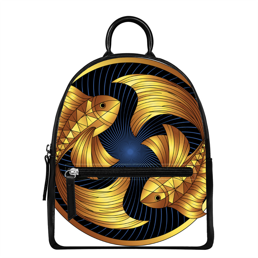 Golden Pisces Zodiac Sign Print Leather Backpack