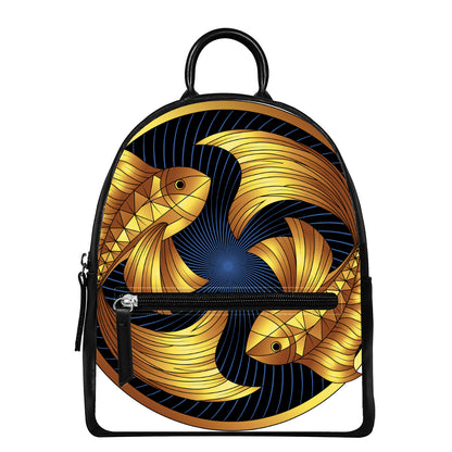 Golden Pisces Zodiac Sign Print Leather Backpack