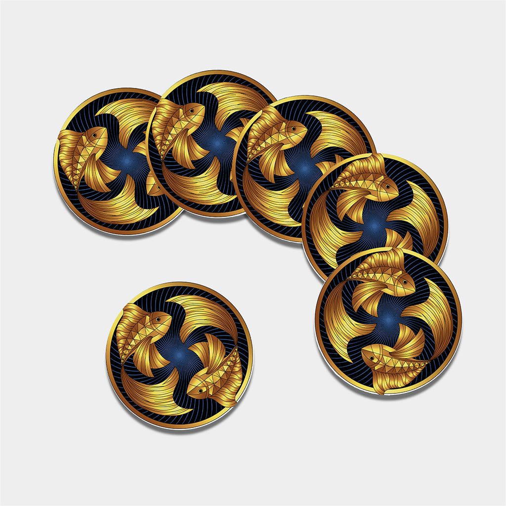 Golden Pisces Zodiac Sign Print Leather Coaster Set