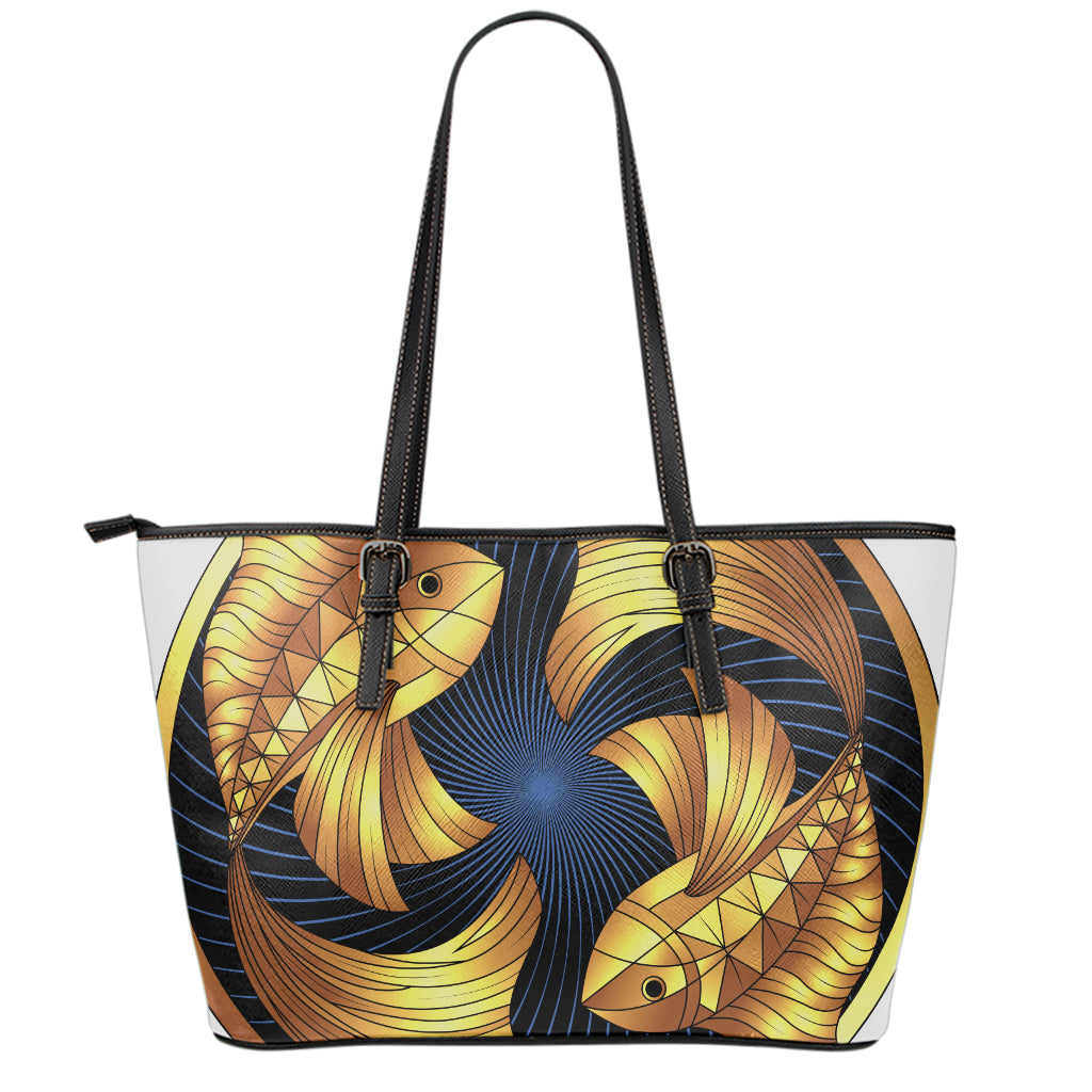 Golden Pisces Zodiac Sign Print Leather Tote Bag