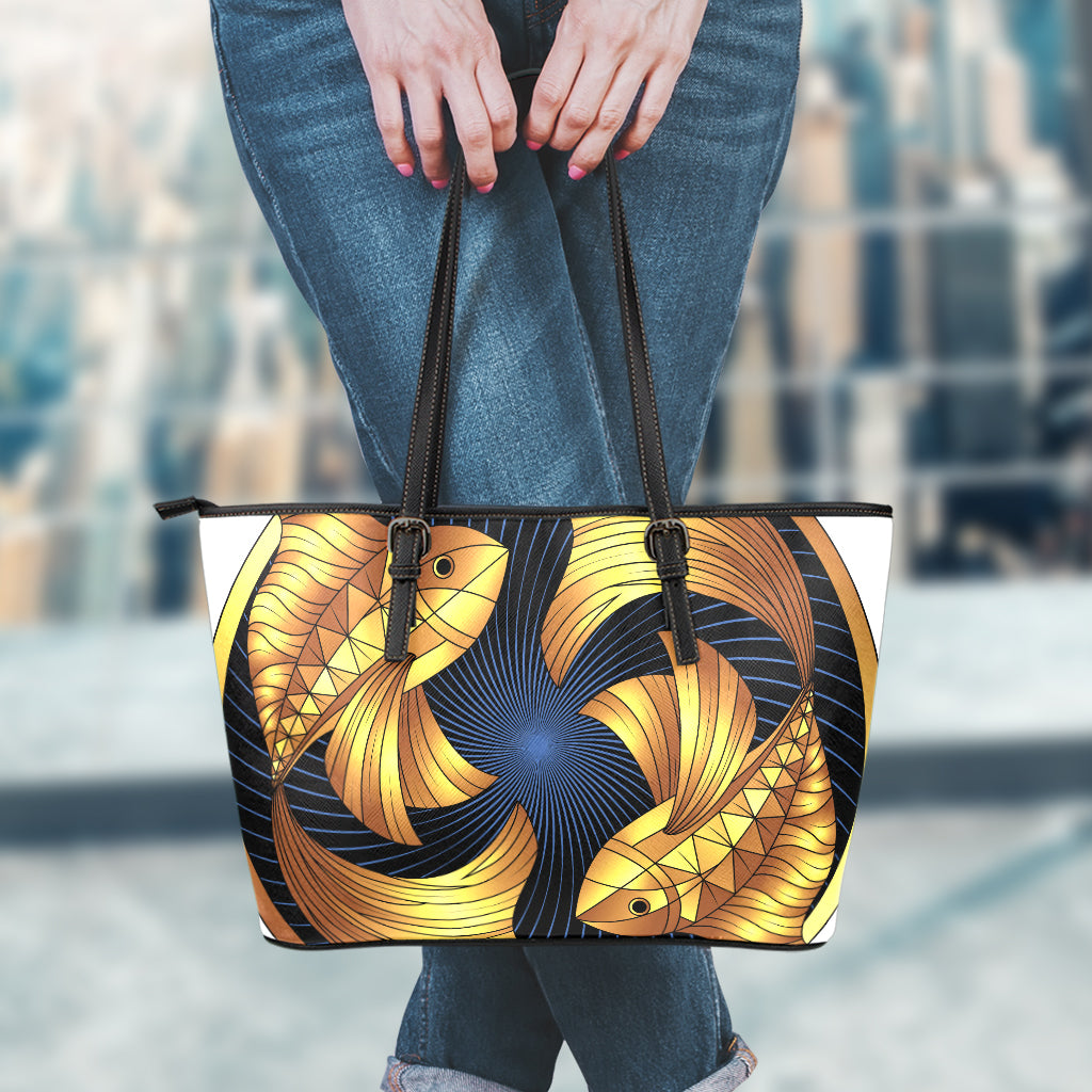 Golden Pisces Zodiac Sign Print Leather Tote Bag