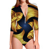 Golden Pisces Zodiac Sign Print Long Sleeve Swimsuit