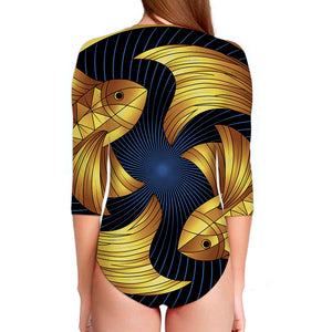 Golden Pisces Zodiac Sign Print Long Sleeve Swimsuit