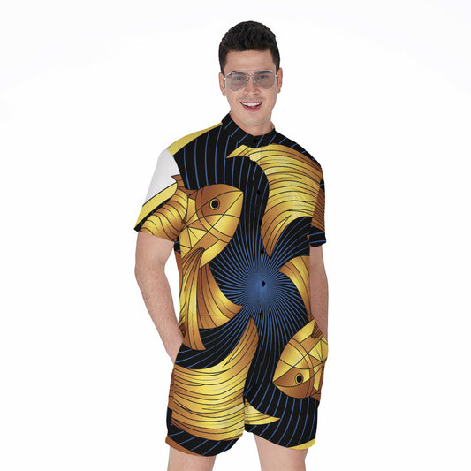 Golden Pisces Zodiac Sign Print Men's Rompers