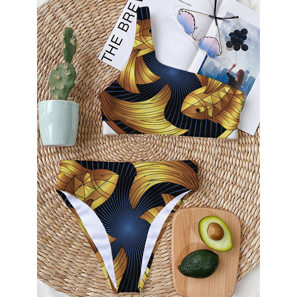 Golden Pisces Zodiac Sign Print One Shoulder Bikini Top