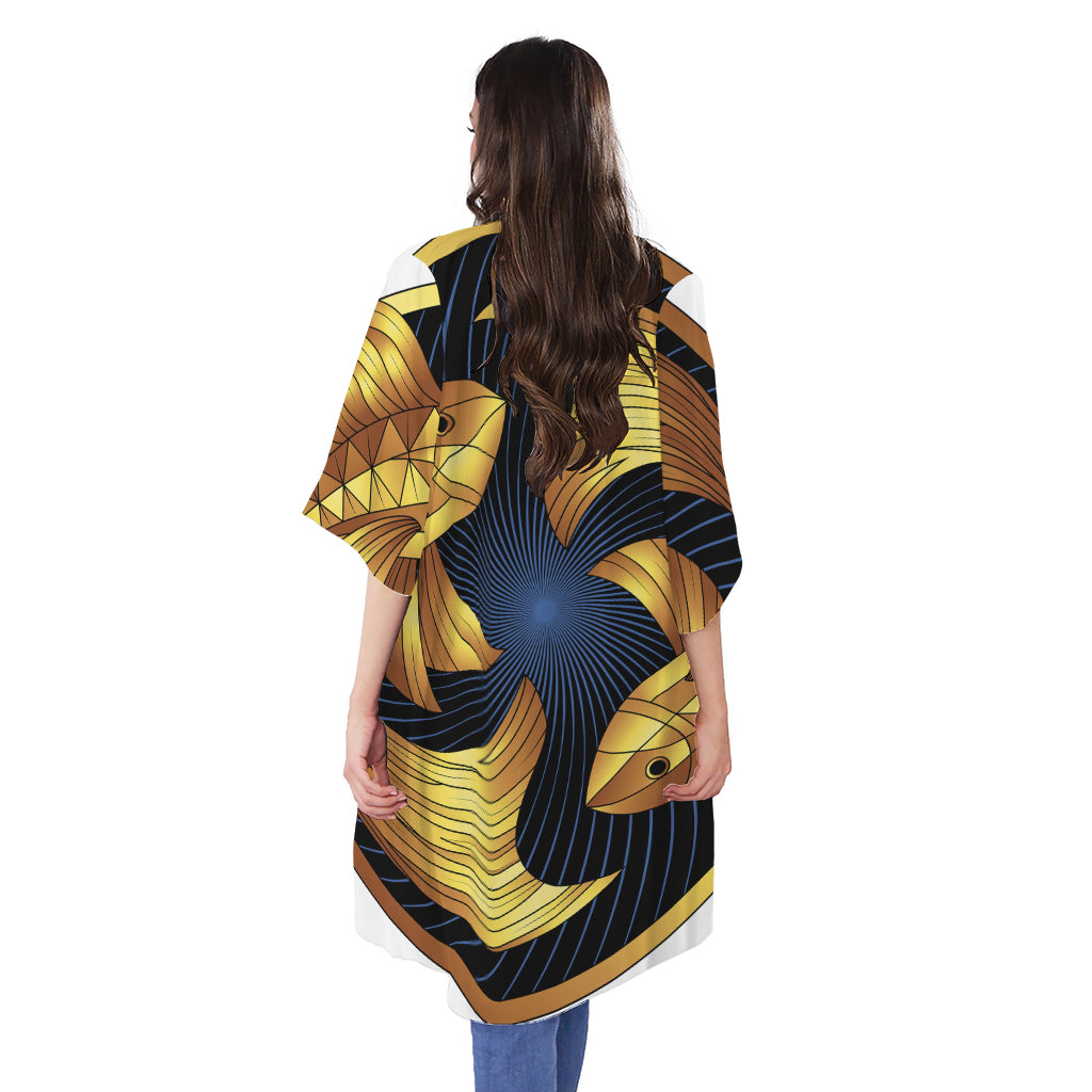 Golden Pisces Zodiac Sign Print Open Front Beach Cover Up