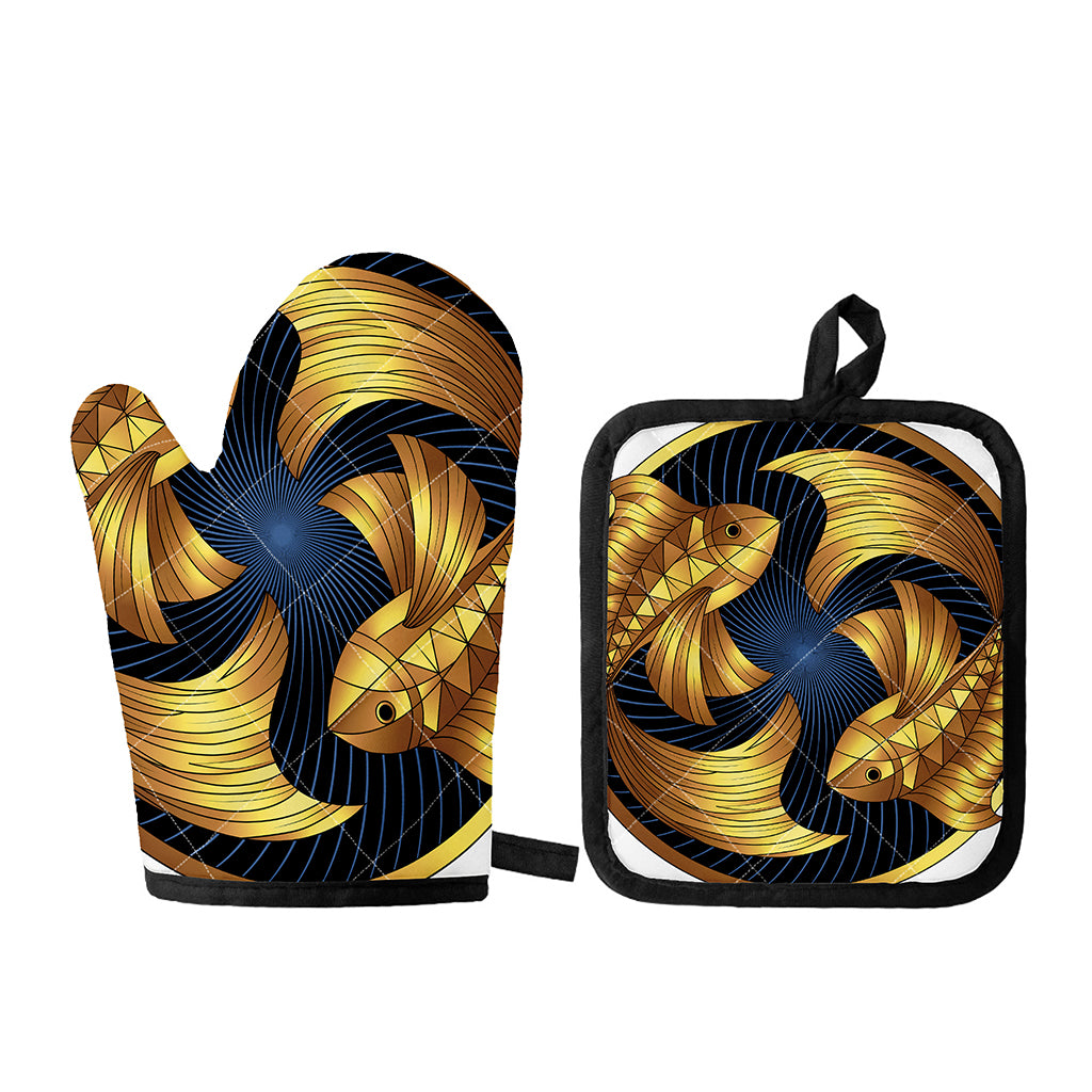 Golden Pisces Zodiac Sign Print Oven Mitt And Pot Holder Set