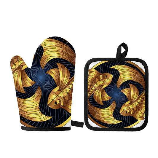 Golden Pisces Zodiac Sign Print Oven Mitt And Pot Holder Set