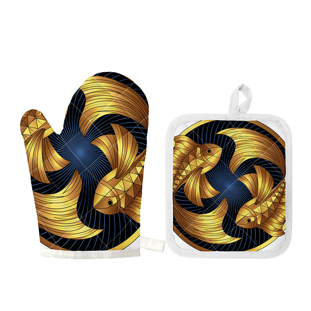 Golden Pisces Zodiac Sign Print Oven Mitt And Pot Holder Set