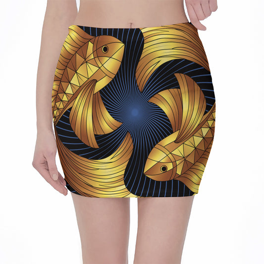 Golden Pisces Zodiac Sign Print Pencil Mini Skirt