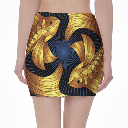 Golden Pisces Zodiac Sign Print Pencil Mini Skirt
