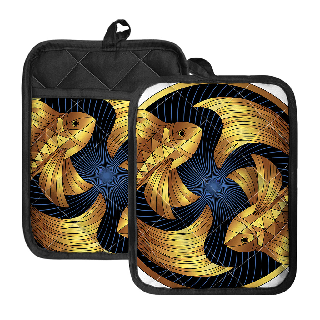 Golden Pisces Zodiac Sign Print Pot Holders With Pocket