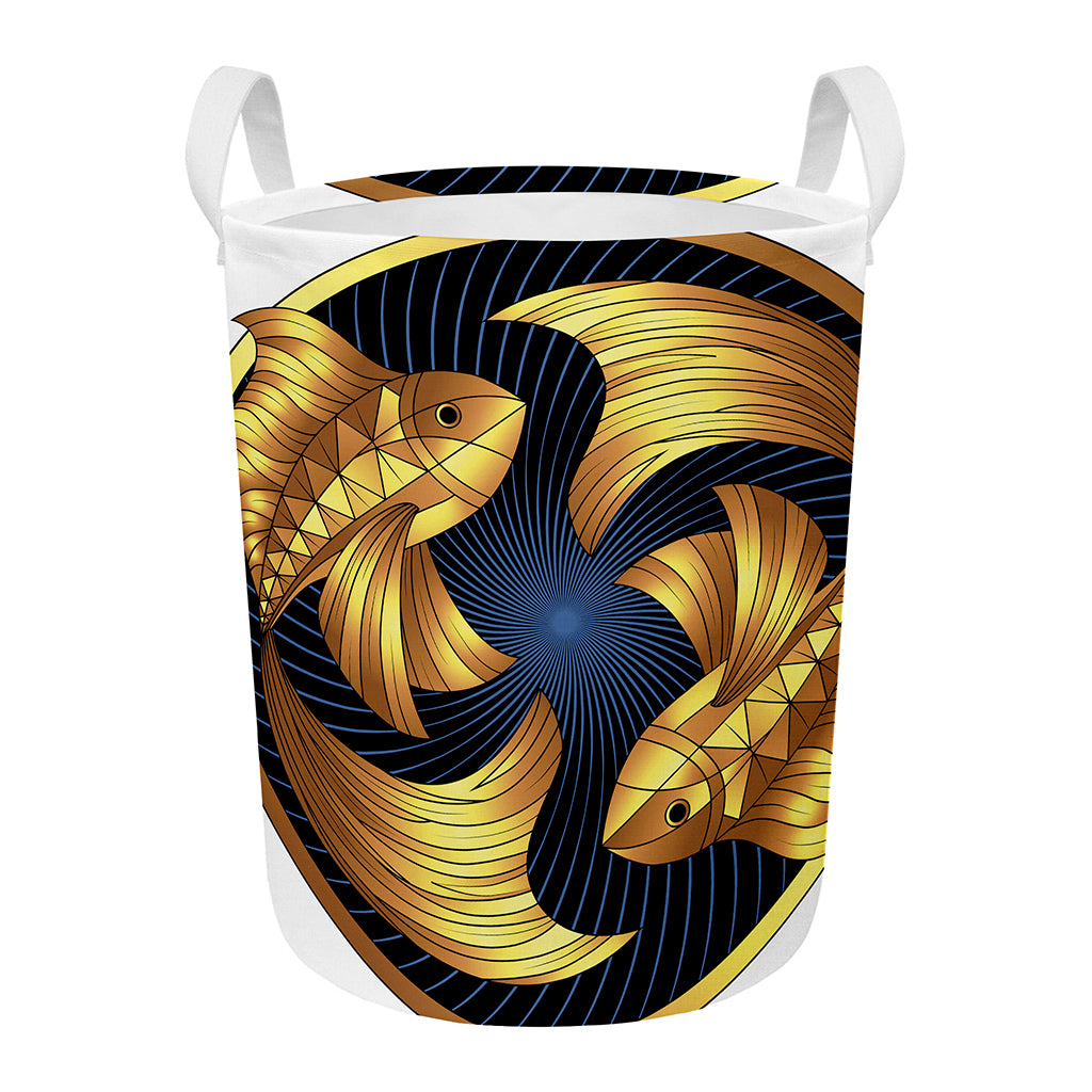 Golden Pisces Zodiac Sign Print Round Laundry Basket