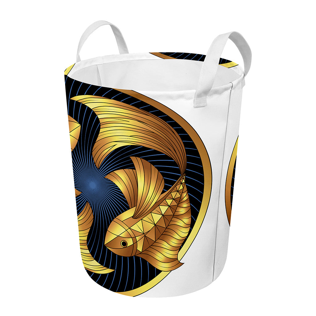 Golden Pisces Zodiac Sign Print Round Laundry Basket