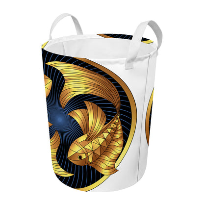 Golden Pisces Zodiac Sign Print Round Laundry Basket