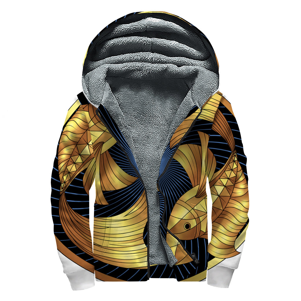 Golden Pisces Zodiac Sign Print Sherpa Lined Zip Up Hoodie
