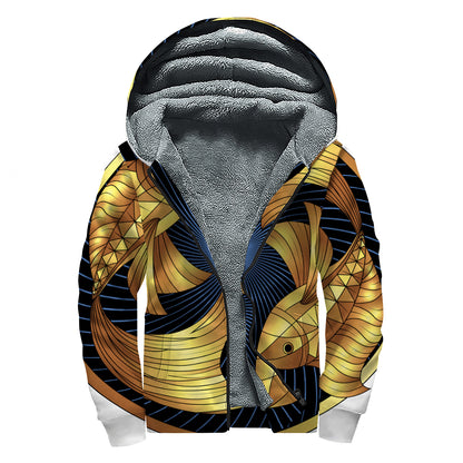 Golden Pisces Zodiac Sign Print Sherpa Lined Zip Up Hoodie
