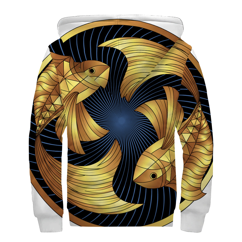 Golden Pisces Zodiac Sign Print Sherpa Lined Zip Up Hoodie