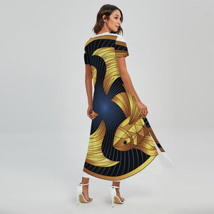 Golden Pisces Zodiac Sign Print Short Sleeve Maxi Dress