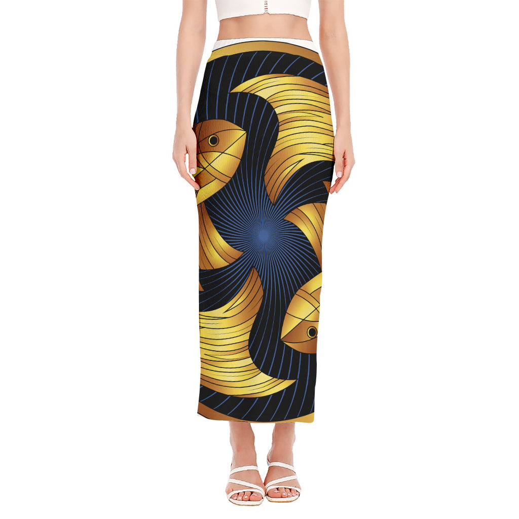 Golden Pisces Zodiac Sign Print Side Slit Maxi Skirt