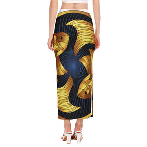 Golden Pisces Zodiac Sign Print Side Slit Maxi Skirt