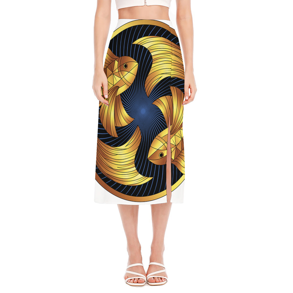 Golden Pisces Zodiac Sign Print Side Slit Midi Skirt