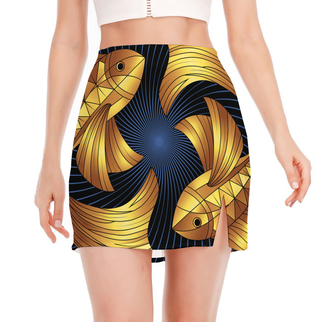 Golden Pisces Zodiac Sign Print Side Slit Mini Skirt