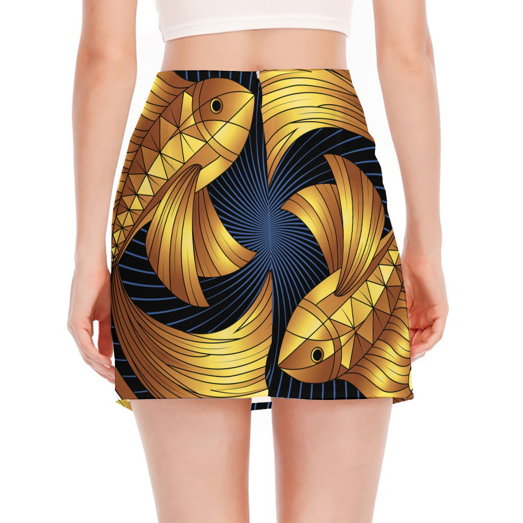 Golden Pisces Zodiac Sign Print Side Slit Mini Skirt