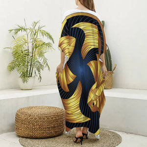 Golden Pisces Zodiac Sign Print Silk V-Neck Kaftan Dress