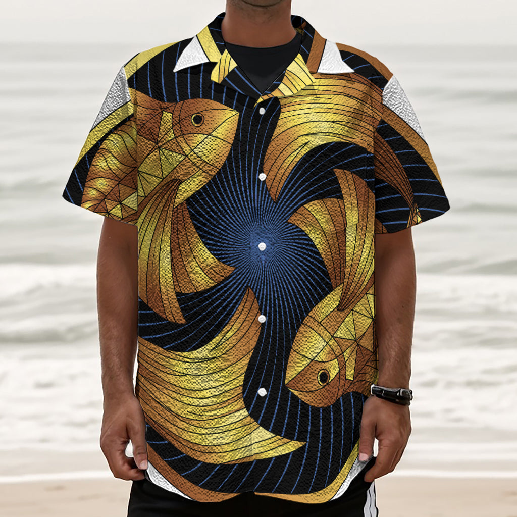 Golden Pisces Zodiac Sign Print Textured Short Sleeve Shirt