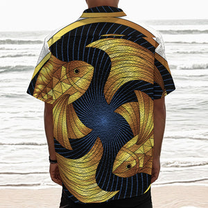 Golden Pisces Zodiac Sign Print Textured Short Sleeve Shirt