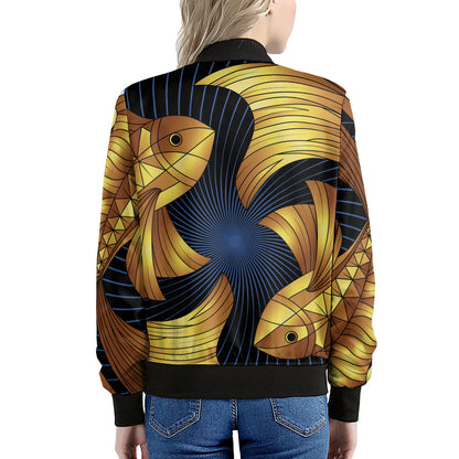 Golden Pisces Zodiac Sign Print Women's Bomber Jacket
