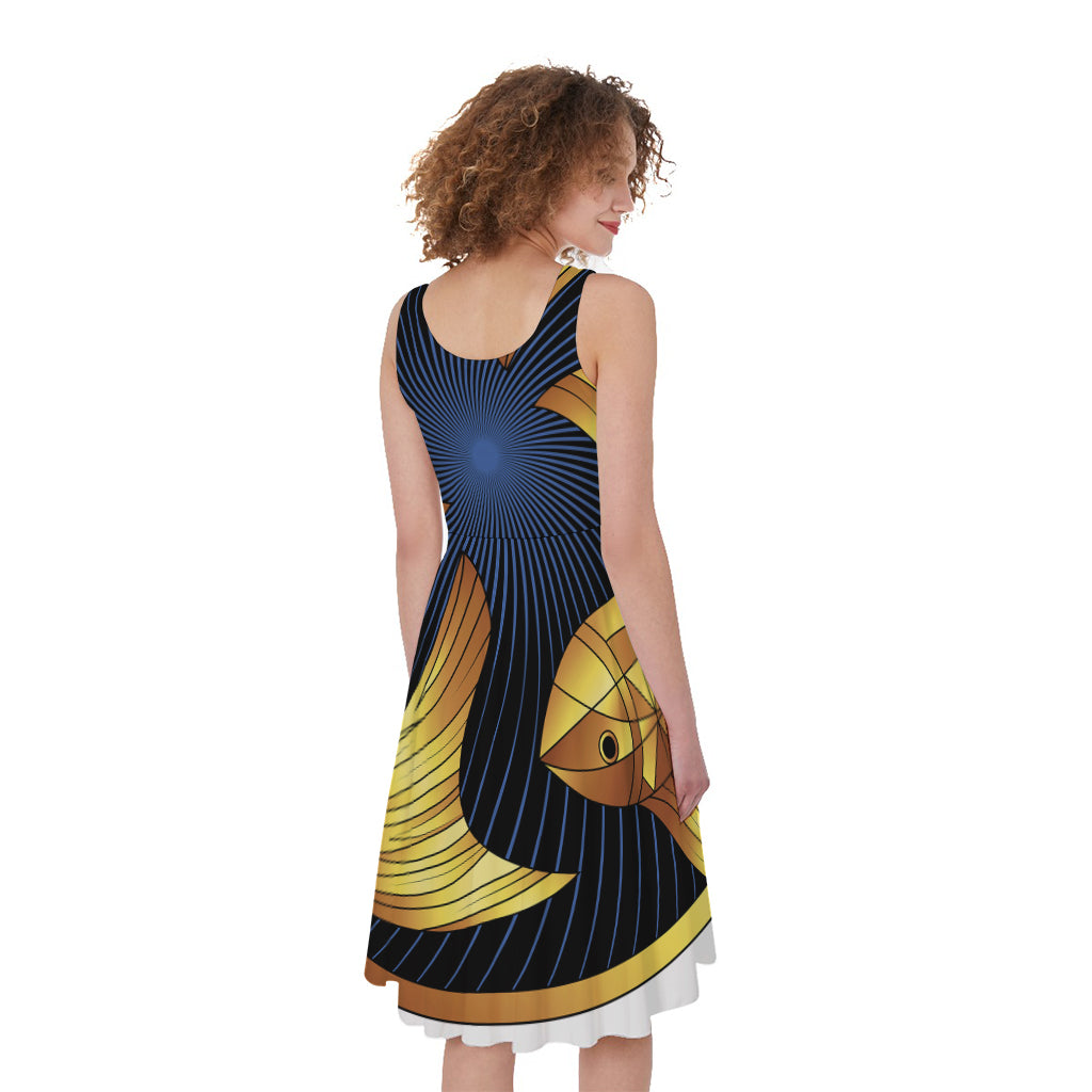 Golden Pisces Zodiac Sign Print Women's Sleeveless Dress